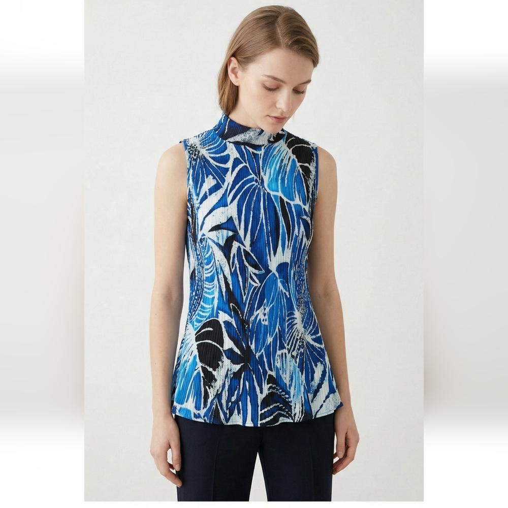 Milano Blue Black Tropical Mock Neck Sleeveless Crinkled Tank 18/20